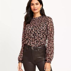 NWT Loft Shimmer Vine Pleated Yoke Blouse Black Long Sleeve Top